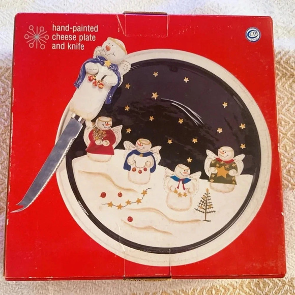 Cheese Plate and Knife Hand Painted 9 in Diameter Holiday Snowman Angel Design - Picture 2 of 3